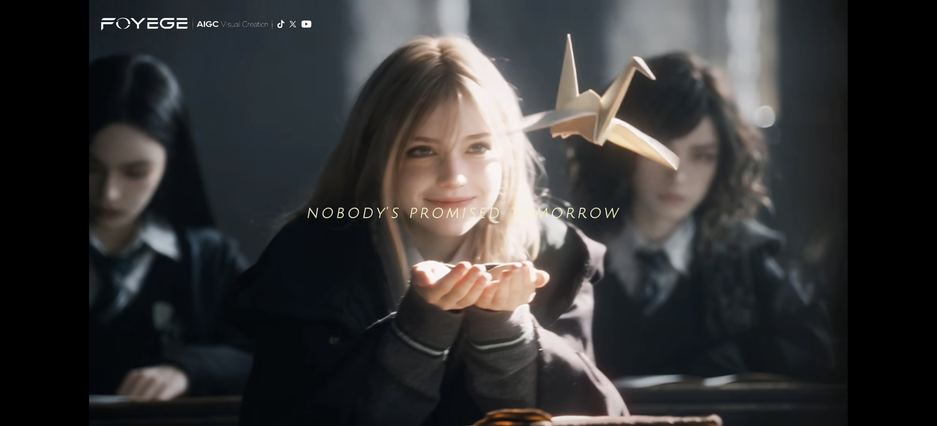 Malfoid releases a paper crane in class; the shared video frame retains its FOYEGE watermark, lettering and black bars.