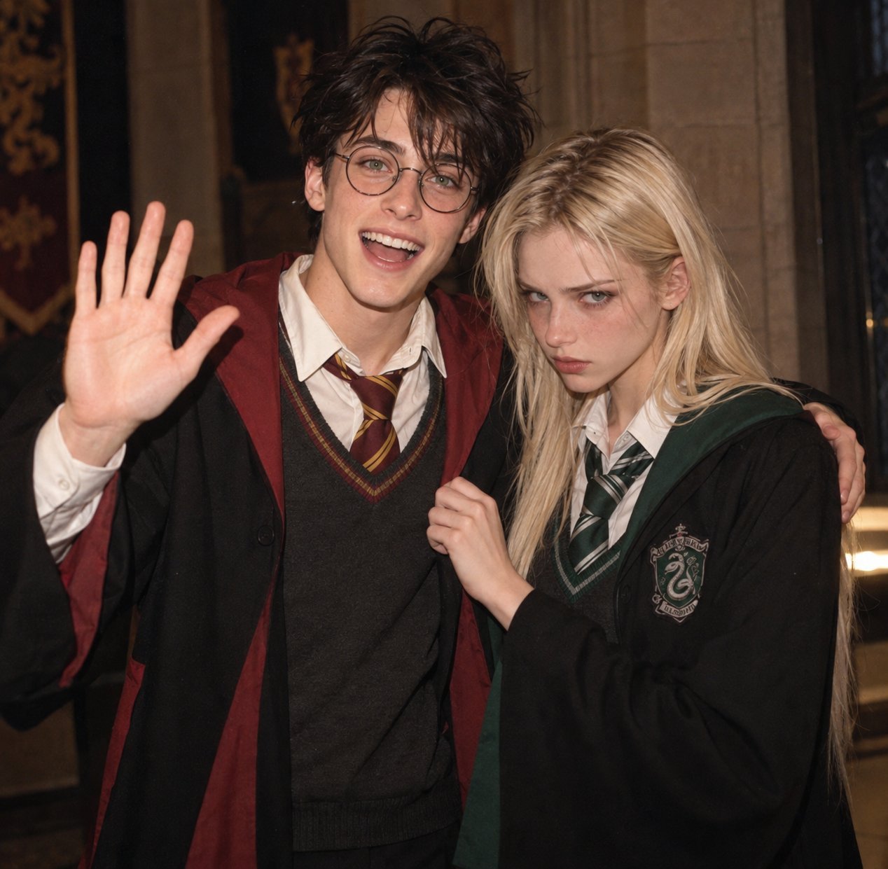 Harry waves at the camera with his arm around Malfoid in a Hogwarts double portrait.