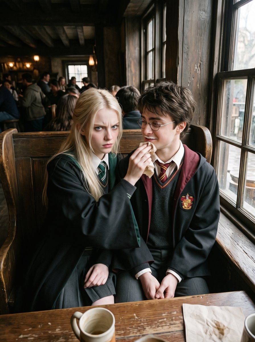 Harry and Malfoid sit together at a cafe table.