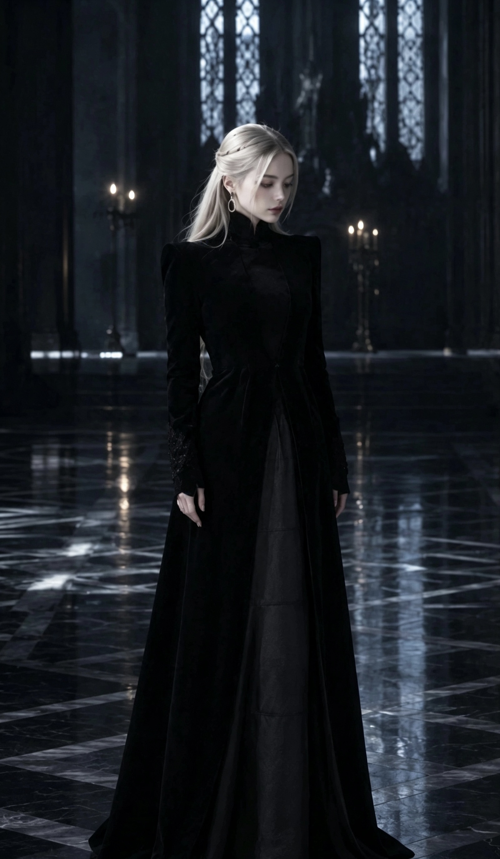 A full-length portrait of Malfoid in a black evening dress in a long hall.