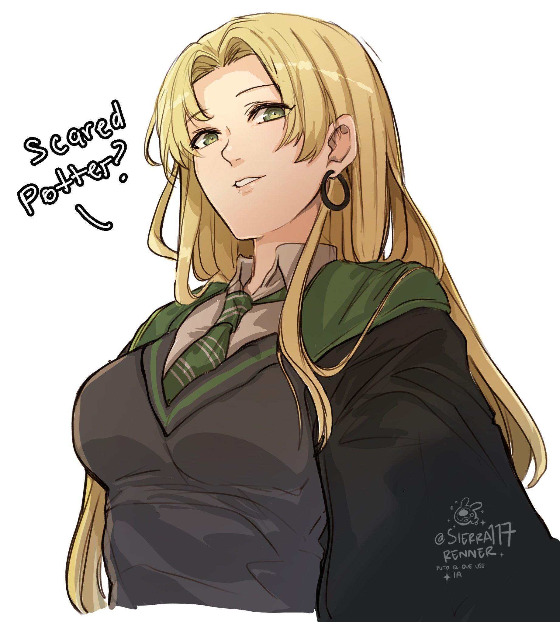 A long-haired Female Draco portrait pairs a slight smile with a handwritten Potter taunt. The creator mark and lettering remain part of the image.